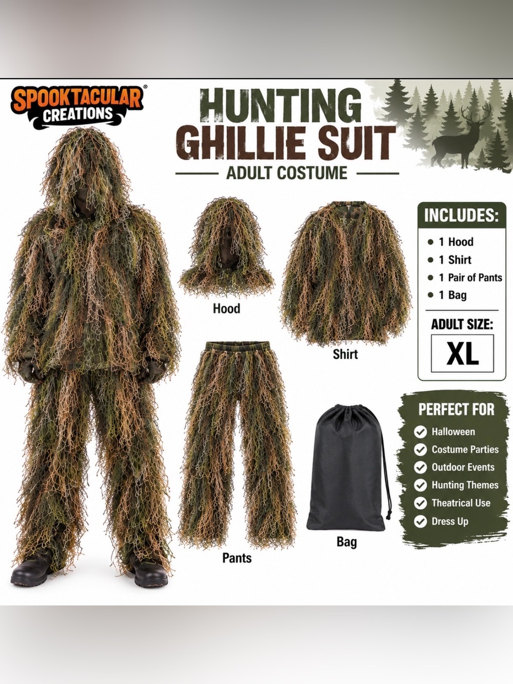 Spooktacular Creations Adult Ghillie Suit Halloween Costume Size XL Camouflage